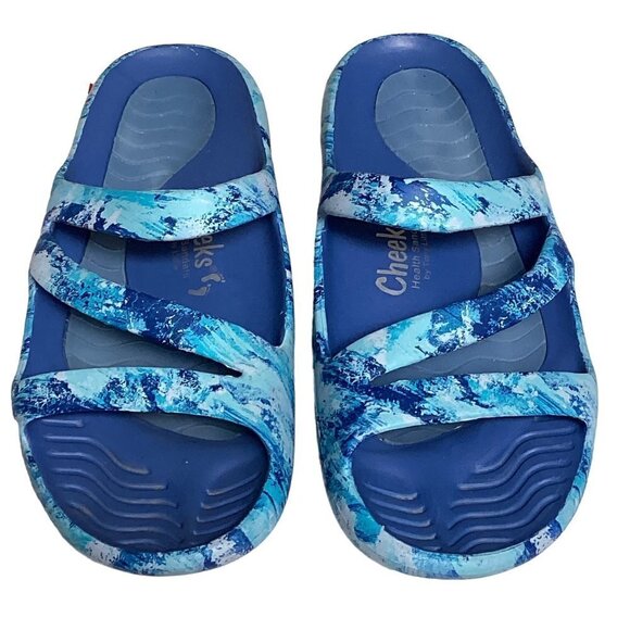 Cheeks Health Sandals Tony Little Sz 10 Blue Slides 3-Strap 169K - Picture 1 of 7
